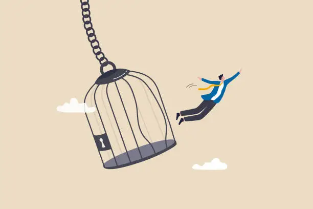 Vector illustration of Courage to escape for freedom, get out of comfort zone to find new job, open mind or fly away for better life, hope and liberty concept, courage businessman escape from bird cage jump and fly away.