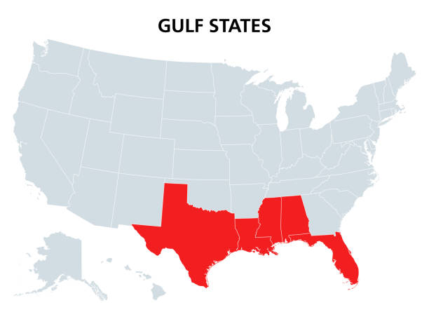 państwa zatoki perskiej stanów zjednoczonych, także wybrzeże zatoki perskiej lub zatoka południowa, mapa polityczna - map gulf of mexico cartography usa stock illustrations