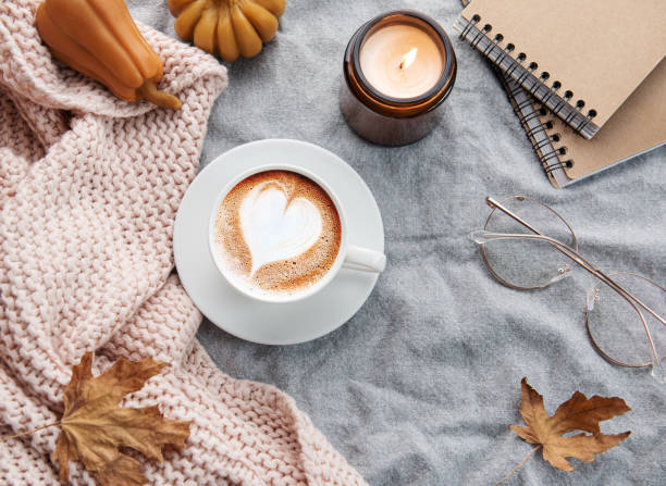 istock Fall flat lay with coffee and autumn decor 1428982062