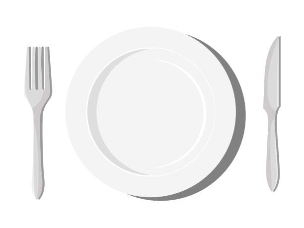 wyczyść sztućce talerzem. nakrycie stołu nożem i widelcem. ilustracja wektorowa - tablesetting stock illustrations