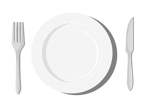 Clean cutlery with a plate. Table setting with a knife and fork. Vector illustration