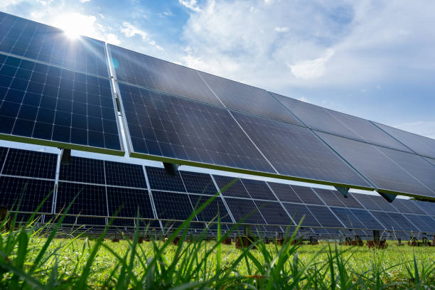 Solar power plant(solar cell) on summer season, hot climate causes increased power production, Alternative energy to conserve the world's energy, Photovoltaic module idea for clean energy production stock photo