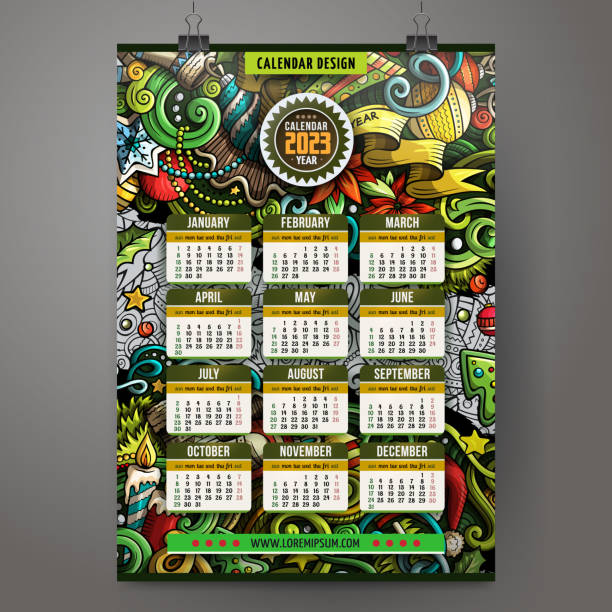 Cartoon doodles New Year 2023 year calendar Cartoon colorful hand drawn doodles New Year 2023 year calendar template. English, Sunday start. Very detailed, with lots of objects illustration. Funny vector artwork. corporate identity packages stock illustrations