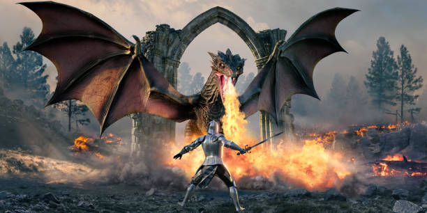 knight standing in front of fire breathing dragon - dragon fantasy knight warrior imagens e fotografias de stock