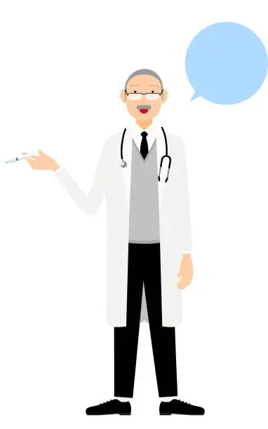 Vector illustration of Senior male doctor in white coat holding syringe, vaccination pose (with speech bubble)