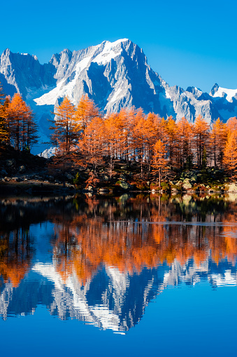 Beautiful reflection of Monte Rosa (Italian Alps) over Lake Arpy in autumn foliage, Italy