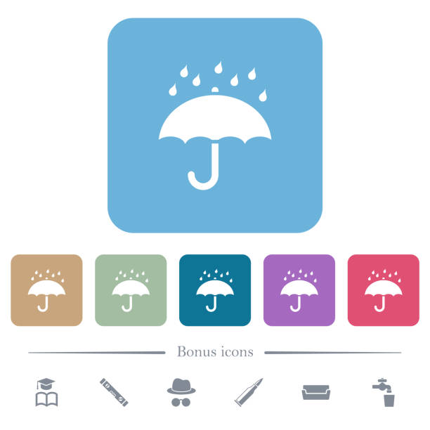 Umbrella with rain solid flat icons on color rounded square backgrounds Umbrella with rain solid white flat icons on color rounded square backgrounds. 6 bonus icons included aegis stock illustrations