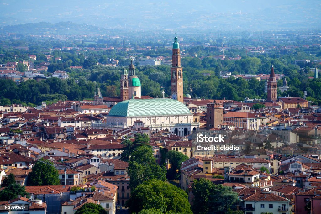 View of Vicenza from Monte Berico View of Vicenza, Veneto, Italy, from Monte Berico in a summer morning Vicenza Stock Photo
