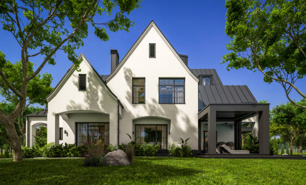 istock 3d rendering of white and black modern Tudor house 1428997934