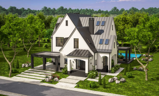 istock 3d rendering of white and black modern Tudor house 1428997936