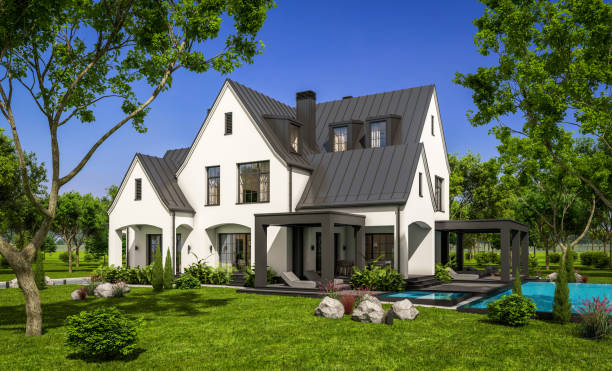 istock 3d rendering of white and black modern Tudor house 1428997943