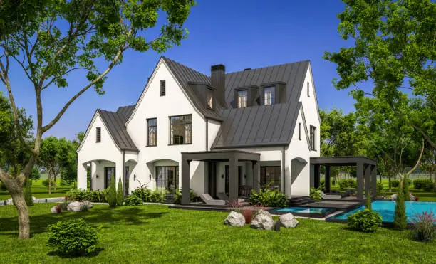 3d rendering of cute cozy white and black modern Tudor style house with parking  and pool for sale or rent with beautiful landscaping. Fairy roofs. Clear sunny summer day with blue sky.