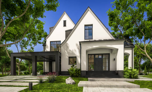istock 3d rendering of white and black modern Tudor house 1428998022