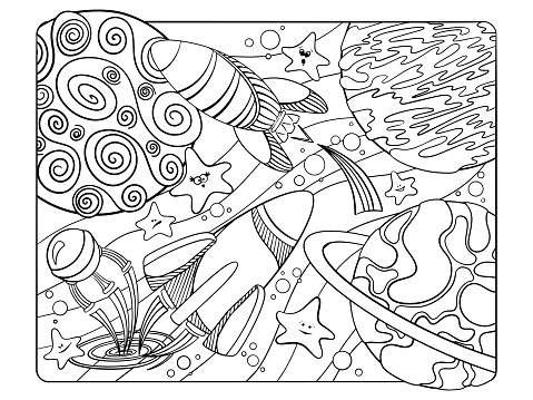 Space coloring page. Antistress for kids and adults.