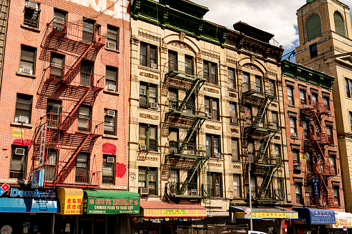 elevated view of a street in Chinatown, New York City, horizontal orientation, America, USA.