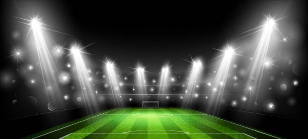 ilustrações de stock, clip art, desenhos animados e ícones de realistic football arena with spotlights. vector - football field backgrounds sport grass