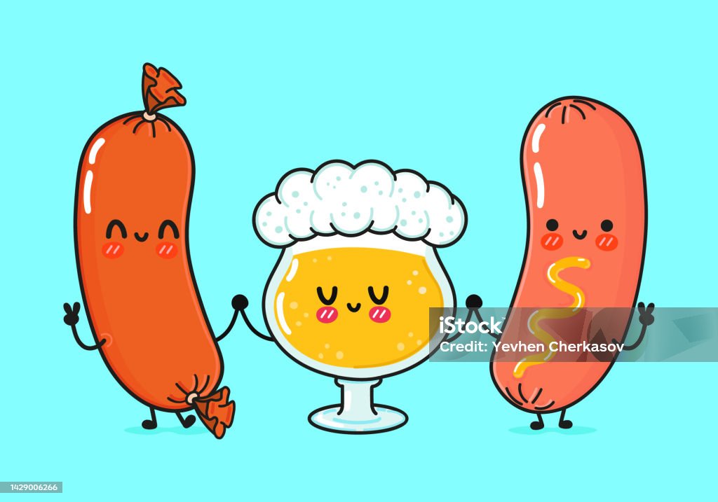 Cute Funny Happy Glass Of Beer Sausage And Sausage With Mustard Vector Hand  Drawn Cartoon Kawaii Characters Illustration Icon Funny Cartoon Glass Of  Beer Sausage And Sausage With Mustard Mascot Character Friends