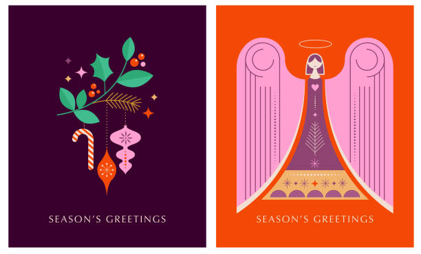 Greeting card background with Christmas angel and Xmas decorative elements. Colorful vector illustration in flat geometric cartoon style. Minimalist design