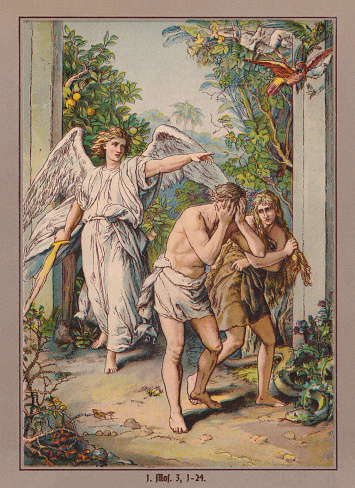 The expulsion of adam and eve from paradise (Genesis 3, 1 - 24). Chromolithograph after a drawing by Julius Schnorr von Carolsfeld (German painter, 1794 - 1872), published in 1900.