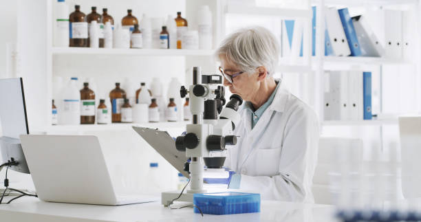 istock Research, microscope and science with senior expert working in laboratory for medicine, pharmacy or study. Innovation, dna and analysis with woman scientist for chemistry, biotechnology or test 1429007678