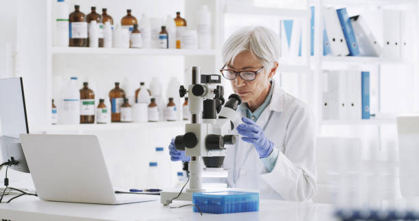 istock Science, research and microscope with senior expert working in laboratory for medicine, pharmacy or analysis. Dna, innovation and futuristic with woman scientist for chemistry, biotechnology or study 1429007683