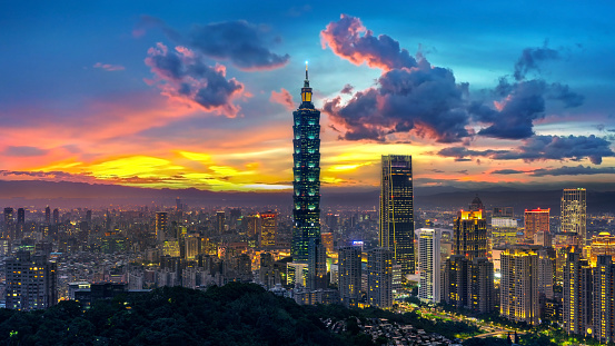 Taipei cityscape at sunset in Taiwan.