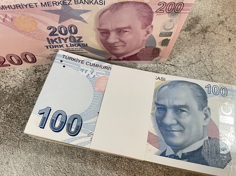 close up turkish lira banknotes on financial background