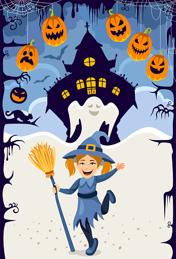Happy Halloween Night. Party Poster Invitation. Little witch and her broom.