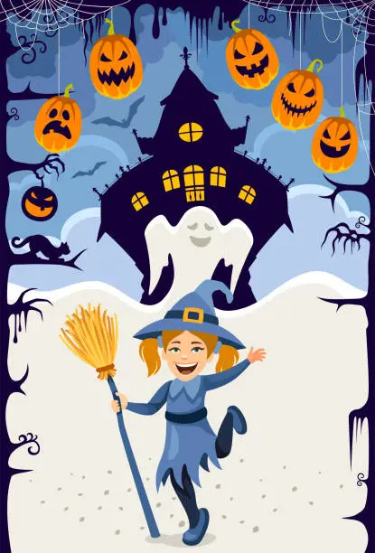 Vector illustration of Happy Halloween Night. Party Poster Invitation. Little witch and her broom.