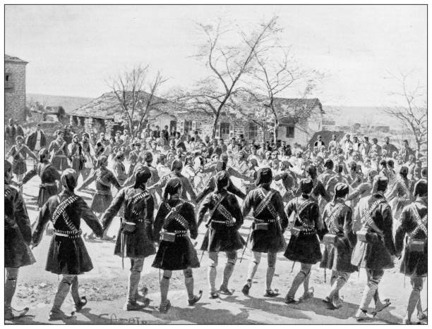 istock Antique illustration: Evzones Greek soldiers dancing in Peta 1429019430