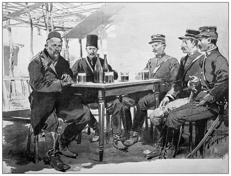 Antique illustration: Greek soldiers and Turkish consul drinking together