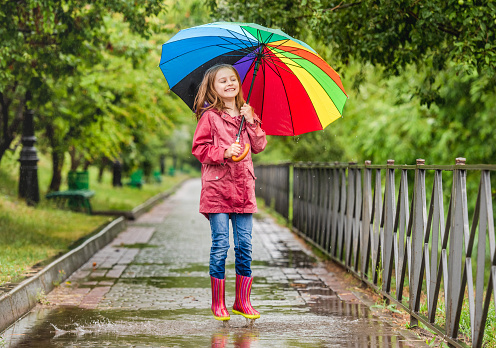 Little girl with umbrella jumping in puddle during rainy walk in park