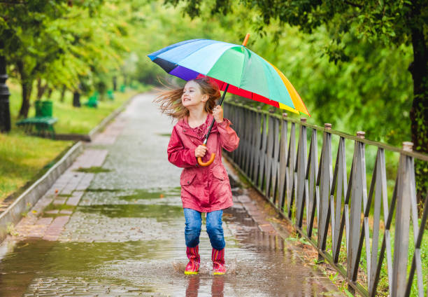 Little girl with umbrella jumping in puddle during rainy walk in park