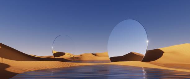 istock 3d rendering, abstract modern minimal panoramic background with round mirrors. Desert landscape with sand dunes under the clear blue sky. Fantasy aesthetic wallpaper 1429023163