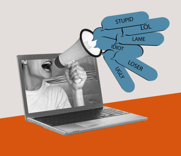 istock Contemporary art collage. Conceptual image with man appearing from laptop screen and shouting offensive words 1429023172