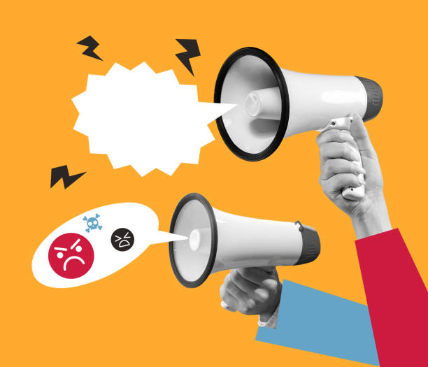 istock Contemporary art collage. Conceptual image with megaphones making negative exclamations 1429023185