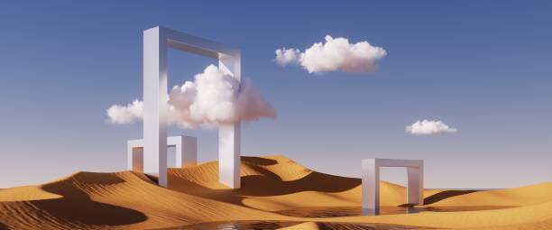 istock 3d rendering, abstract futuristic panoramic background. Desert landscape with sand dunes, calm water and mirror shapes under the clear blue sky. Minimalist aesthetic wallpaper 1429023186