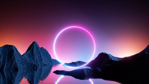 istock 3d render. Abstract neon background with round geometric shape, surreal landscape, mountains and ring glowing in ultraviolet spectrum. Virtual reality scenery. Fantastic nature wallpaper 1429023263