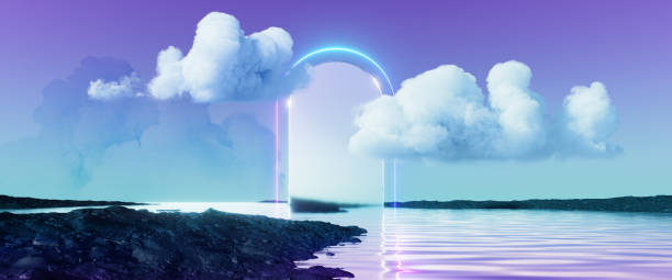 istock 3d render, abstract fantasy panoramic background. Fantastic scenery wallpaper. Landscape with fluffy clouds above the black seashore and calm water, rounded mirror and neon arch 1429023303