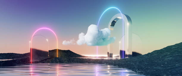 istock 3d render, abstract panoramic background. Fantastic landscape with water, rocks, mirror arch, neon frame and cloud. Pastel gradient sky. Modern minimal aesthetic wallpaper 1429023325