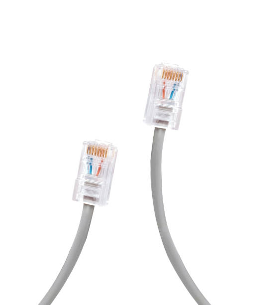 grigio i cavi di rete ethernet spina isolato - network connection plug rj45 cable bandwidth foto e immagini stock