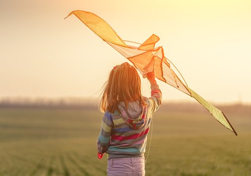 Rear view of little girl holding kite on field at sunset