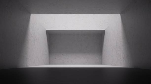 istock 3d render, abstract background. Room with blank concrete wall, illuminated with daylight. Empty niche. Minimal wallpaper. Scene for product presentation 1429024286