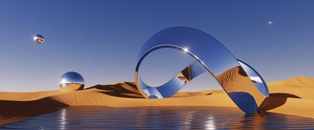 istock 3d rendering, abstract futuristic panoramic background. Desert landscape with sand dunes, calm water and mirror shapes under the clear blue sky. Minimalist aesthetic wallpaper 1429024564