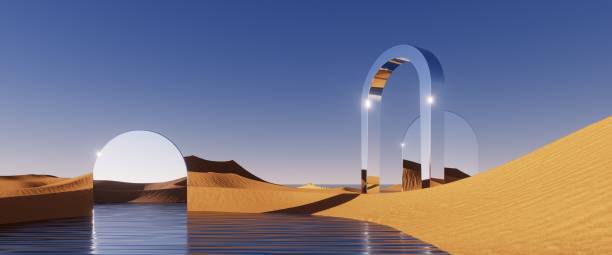 istock 3d render, abstract fantastic panoramic background. Desert landscape with sand water and mirror arch under the clear blue sky. Modern minimal aesthetic wallpaper 1429024575