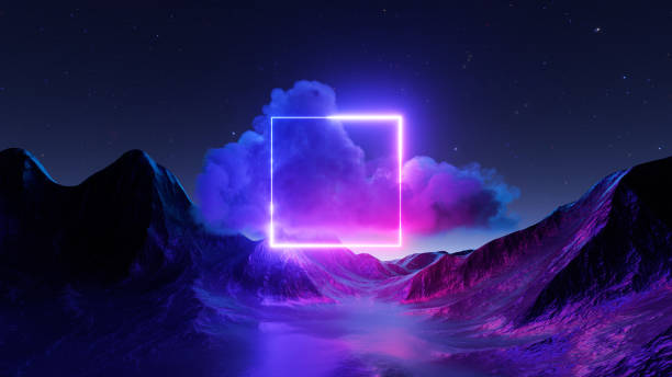 istock 3d rendering. Abstract fantastic neon background. Terrain landscape with glowing square frame, stormy cloud and mountains at night 1429024603