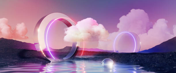istock 3d render, abstract panoramic background. Fantastic landscape with water, rocks, round mirror, chrome arch, neon ring and clouds on a pink pastel sky. Modern minimal aesthetic wallpaper 1429024675