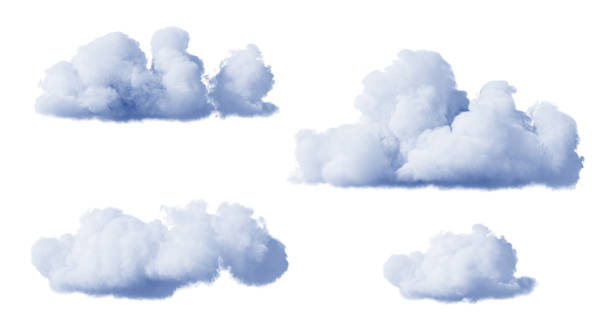 3d render, collection of abstract realistic clouds isolated on white background, weather clip art, design elements stock photo