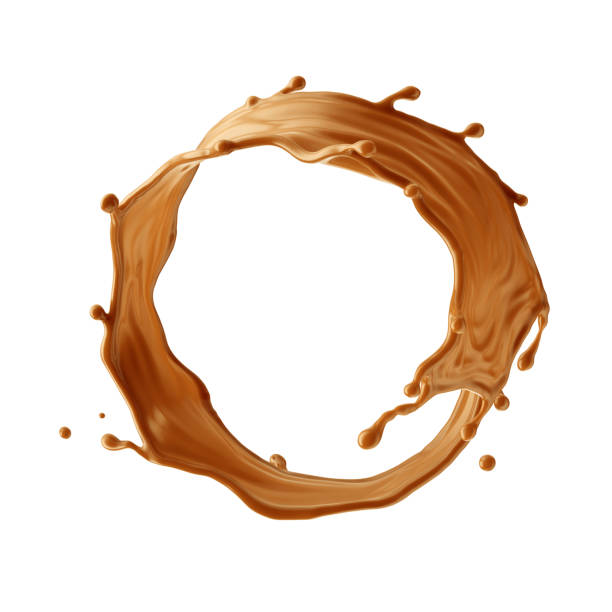 istock 3d render, liquid caramel splash, toffee or nougat cooking ingredient, splashing maple syrup. Round shape. Clip art set isolated on white background 1429027568
