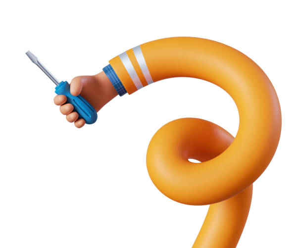istock 3d render, cartoon flexible spiral human hand holds screwdriver. Professional builder or constructor with building tool. Construction or renovation service clip art isolated on white background 1429027630